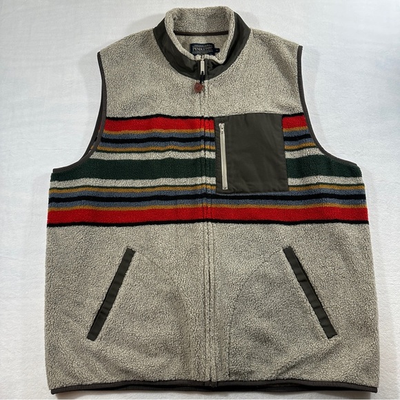 Pendleton striped Sherpa vest winter zip up tan red green - Picture 9 of 9